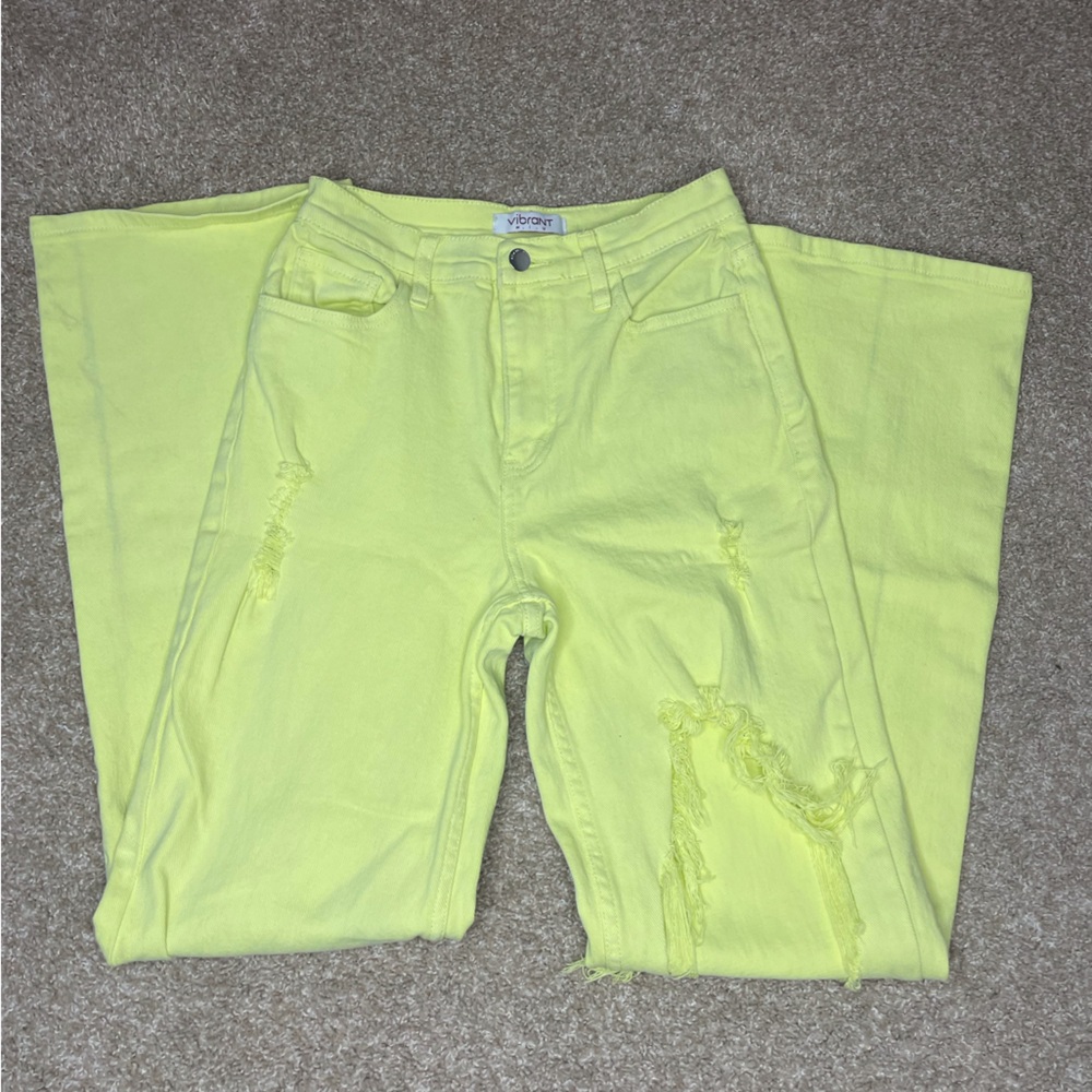 Lime Green Distressed Wide Leg Jeans